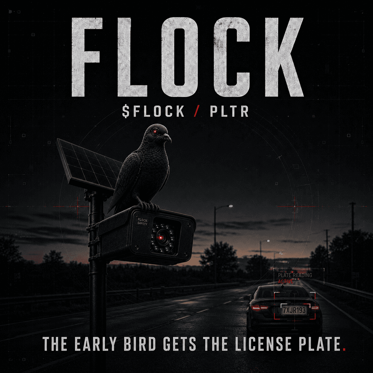 Pigeon on traffic camera reading a license plate at night