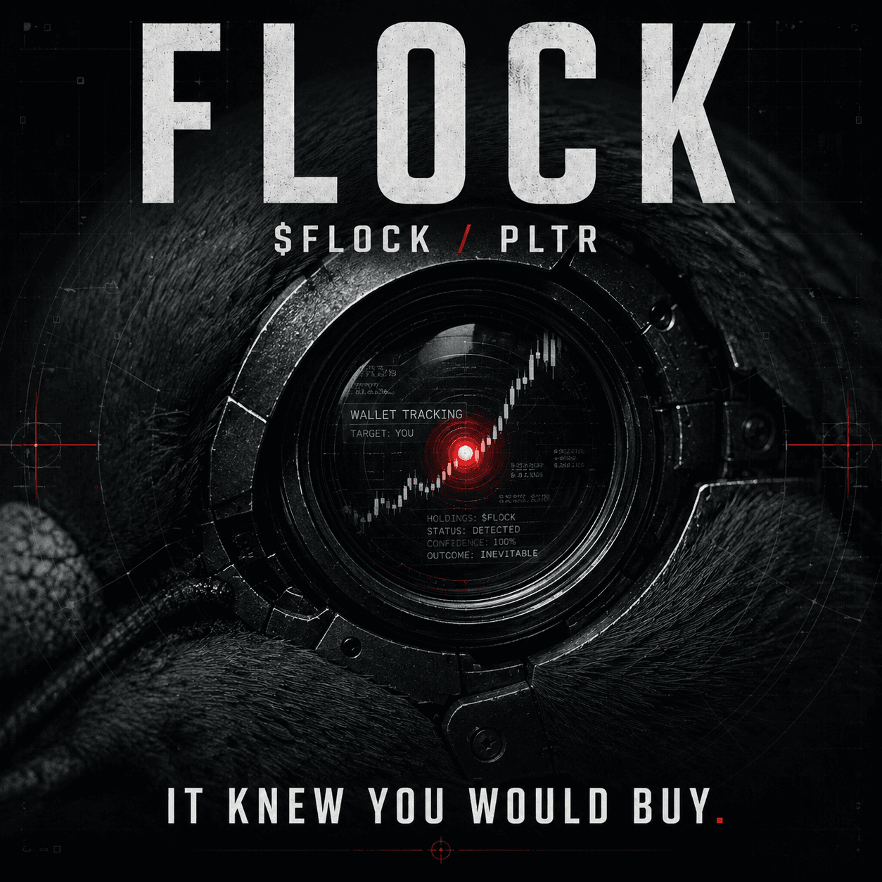 Close-up of cybernetic pigeon eye showing wallet tracking HUD