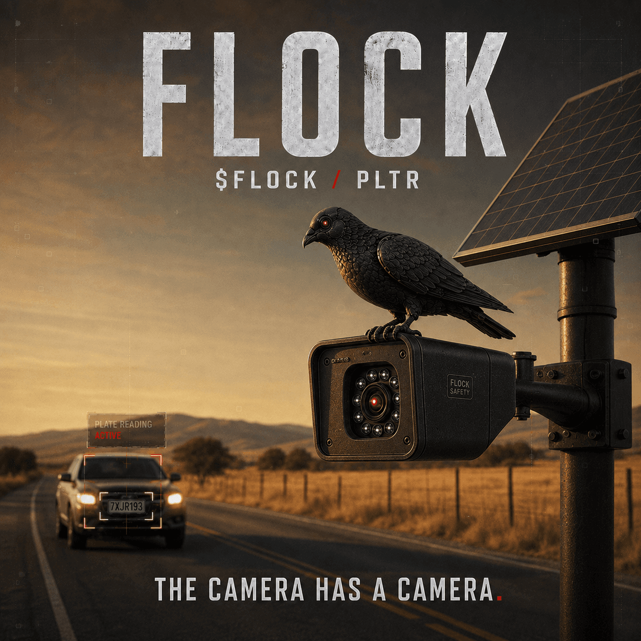 Pigeon perched on a solar road camera at golden hour