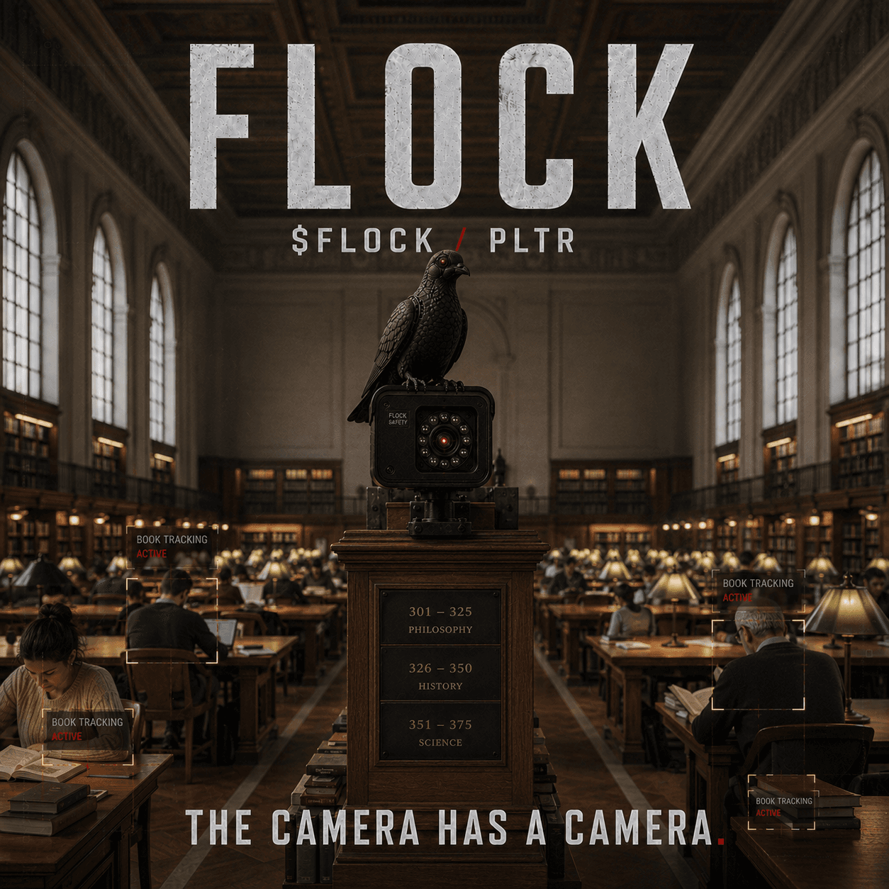 Cybernetic pigeon on a reading-room camera with book tracking overlays