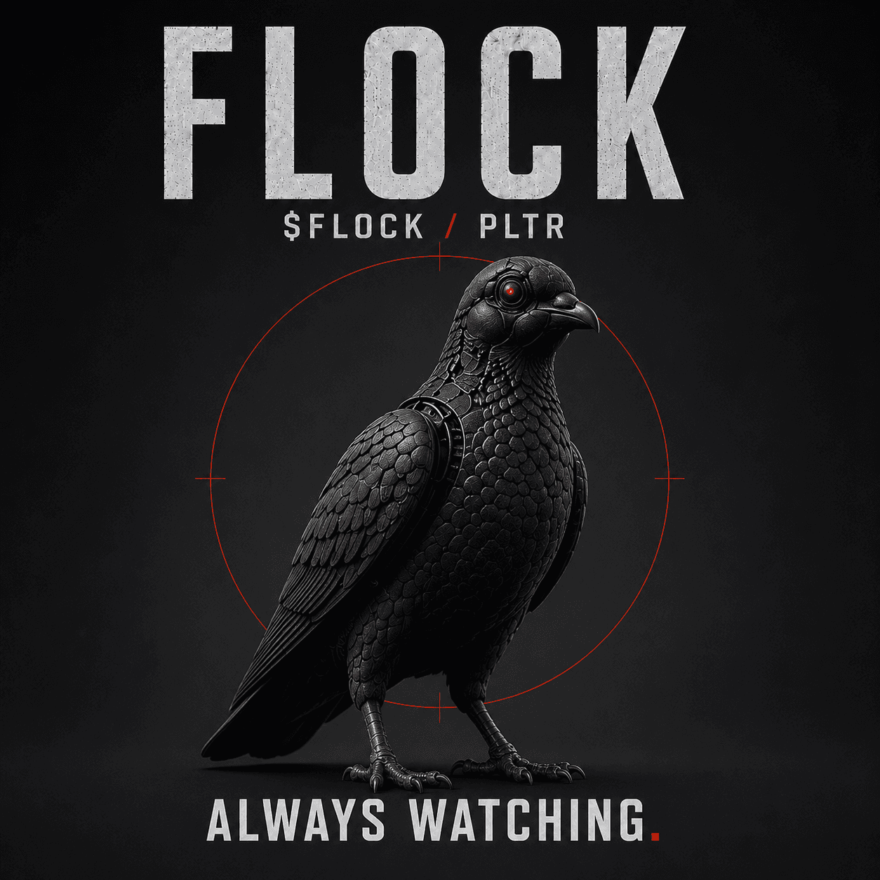 Cybernetic pigeon standing under a red targeting reticle