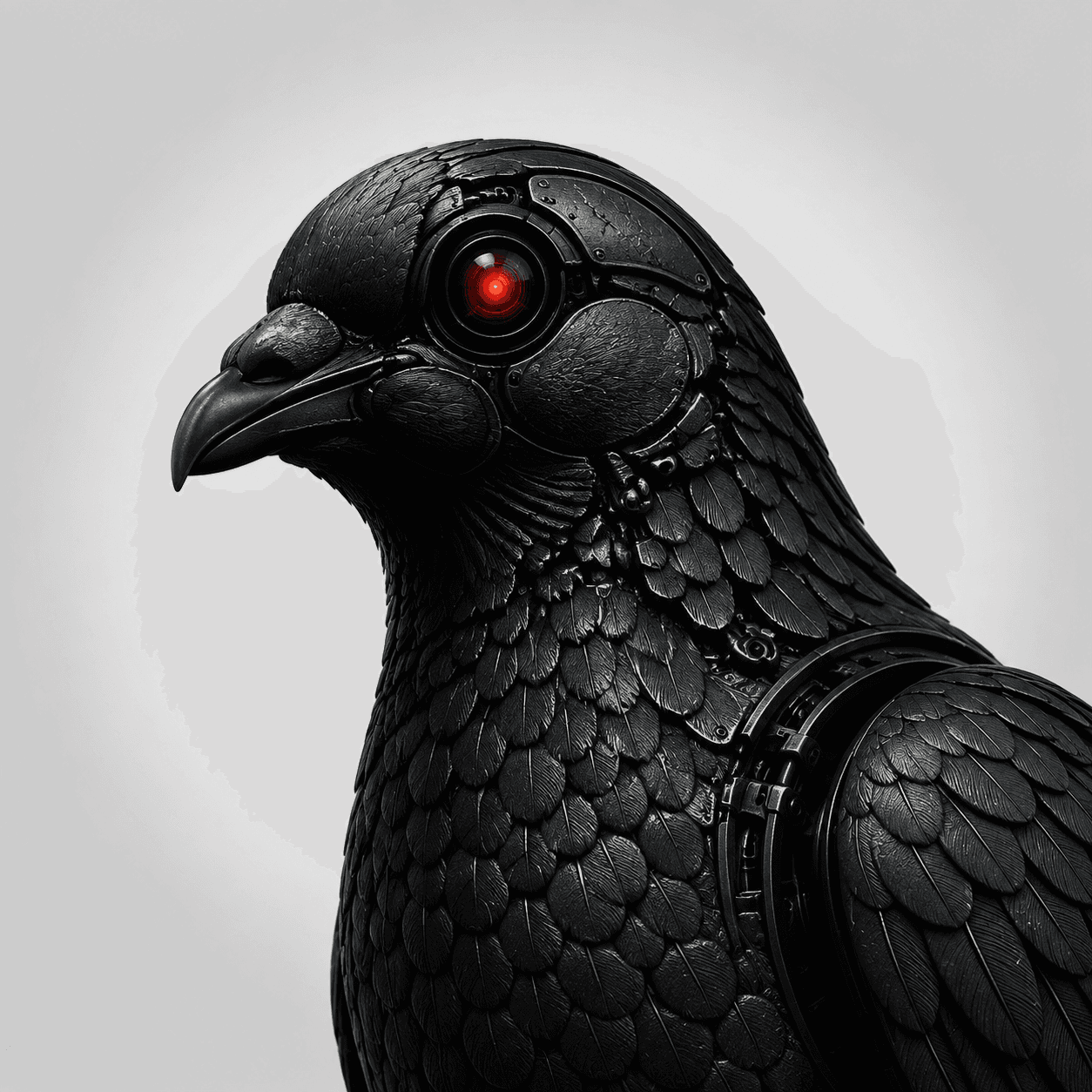 Close-up avatar of a watchful cybernetic pigeon